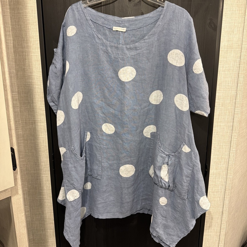 Made In Italy 100% Linen Blue Polka Dot Tunic Top Blouse Lagenlook Boho Artsy - Picture 2 of 9